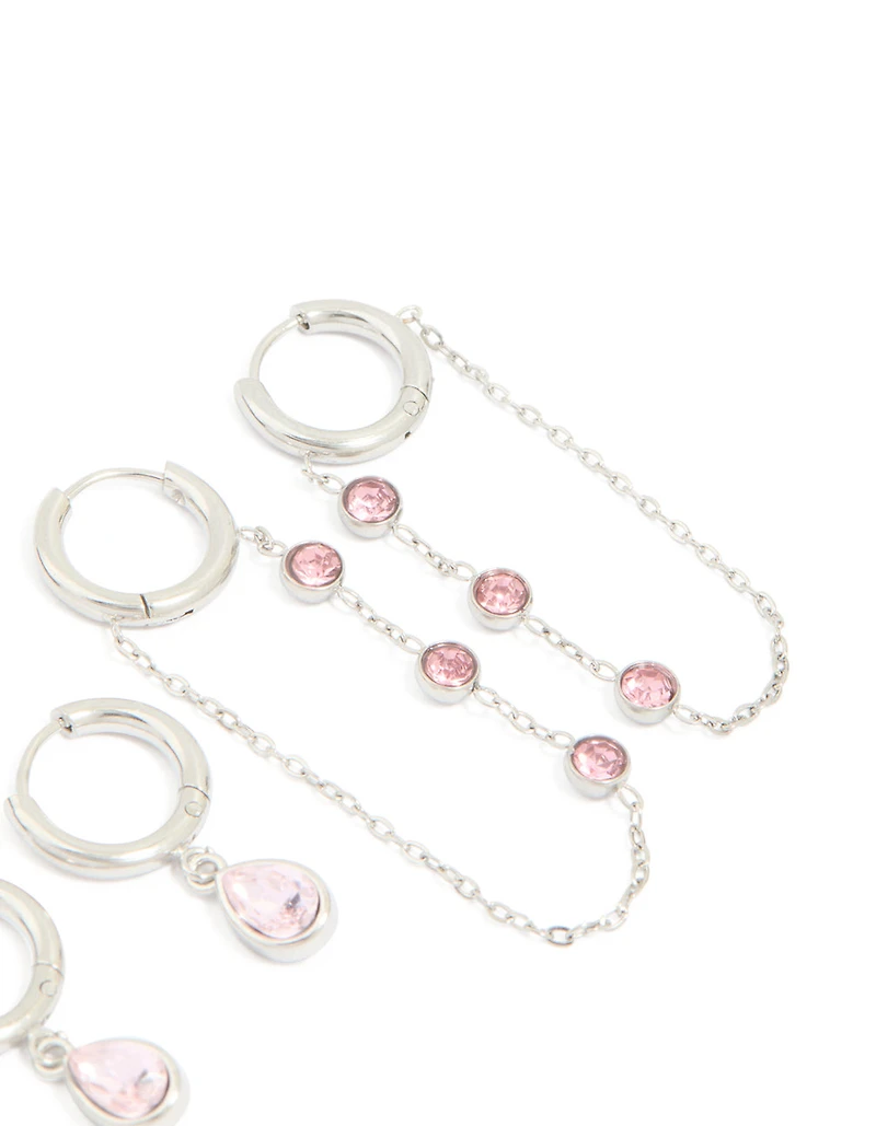 Waterproof Stainless Steel Pink Cubic Zirconia Chain Droplet & Classic Huggie Earrings 2-Pack