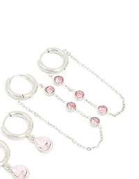 Waterproof Stainless Steel Pink Cubic Zirconia Chain Droplet & Classic Huggie Earrings 2-Pack
