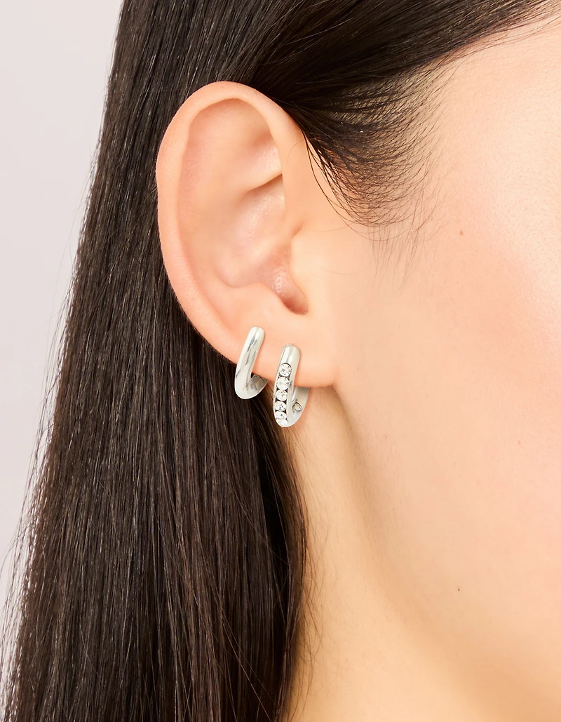 Waterproof Stainless Steel Cubic Zirconia & Smooth Chunky Huggie Earrings 2-Pack