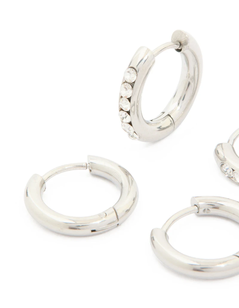 Waterproof Stainless Steel Cubic Zirconia & Smooth Chunky Huggie Earrings 2-Pack