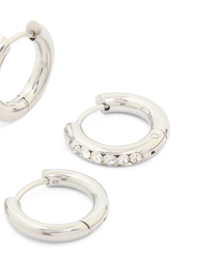 Waterproof Stainless Steel Cubic Zirconia & Smooth Chunky Huggie Earrings 2-Pack