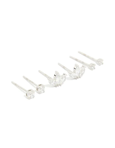 Waterproof Stainless Steel Cubic Zirconia Fine Marquise & Classic Stud Earrings 3-Pack