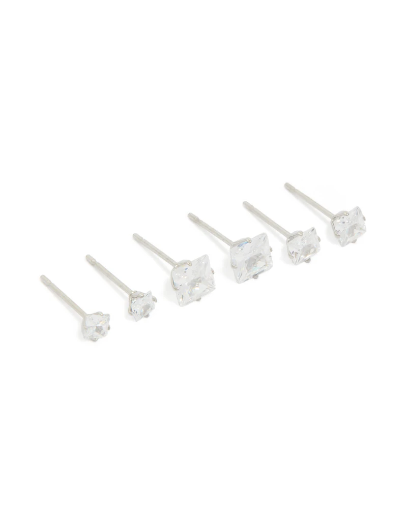 Waterproof Stainless Steel Cubic Zirconia Square Stud Earrings 3-Pack