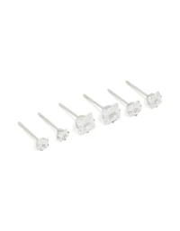 Waterproof Stainless Steel Cubic Zirconia Square Stud Earrings 3-Pack