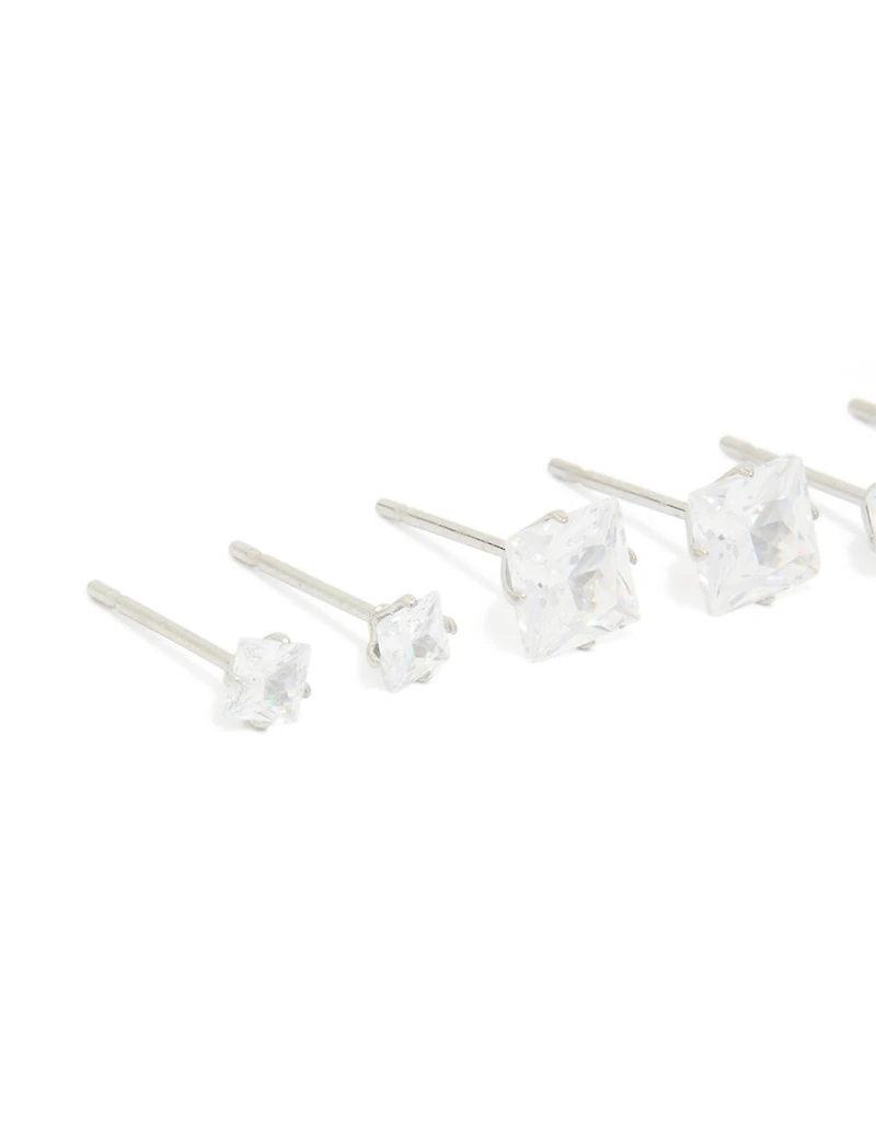 Waterproof Stainless Steel Cubic Zirconia Square Stud Earrings 3-Pack