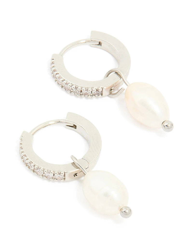 Waterproof Stainless Steel Diamante Freshwater Pearl Drop Huggie Earrings