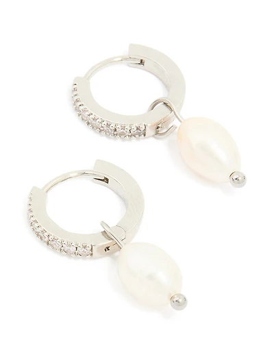 Waterproof Stainless Steel Diamante Freshwater Pearl Drop Huggie Earrings