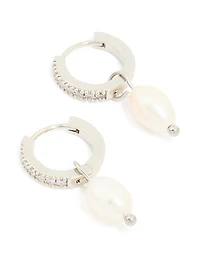 Waterproof Stainless Steel Diamante Freshwater Pearl Drop Huggie Earrings