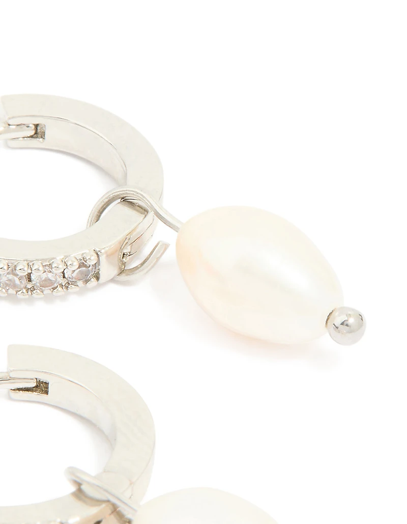 Waterproof Stainless Steel Diamante Freshwater Pearl Drop Huggie Earrings