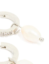 Waterproof Stainless Steel Diamante Freshwater Pearl Drop Huggie Earrings