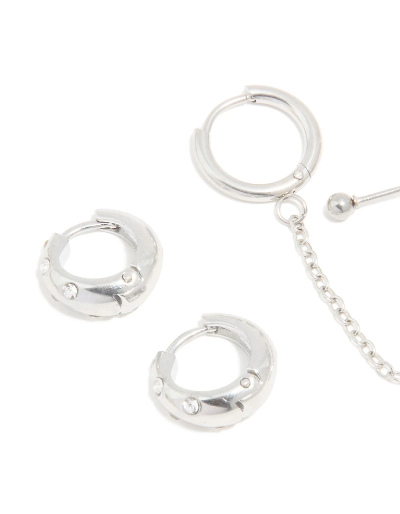 Waterproof Stainless Steel Chain & Huggie Earrings 3-Pack