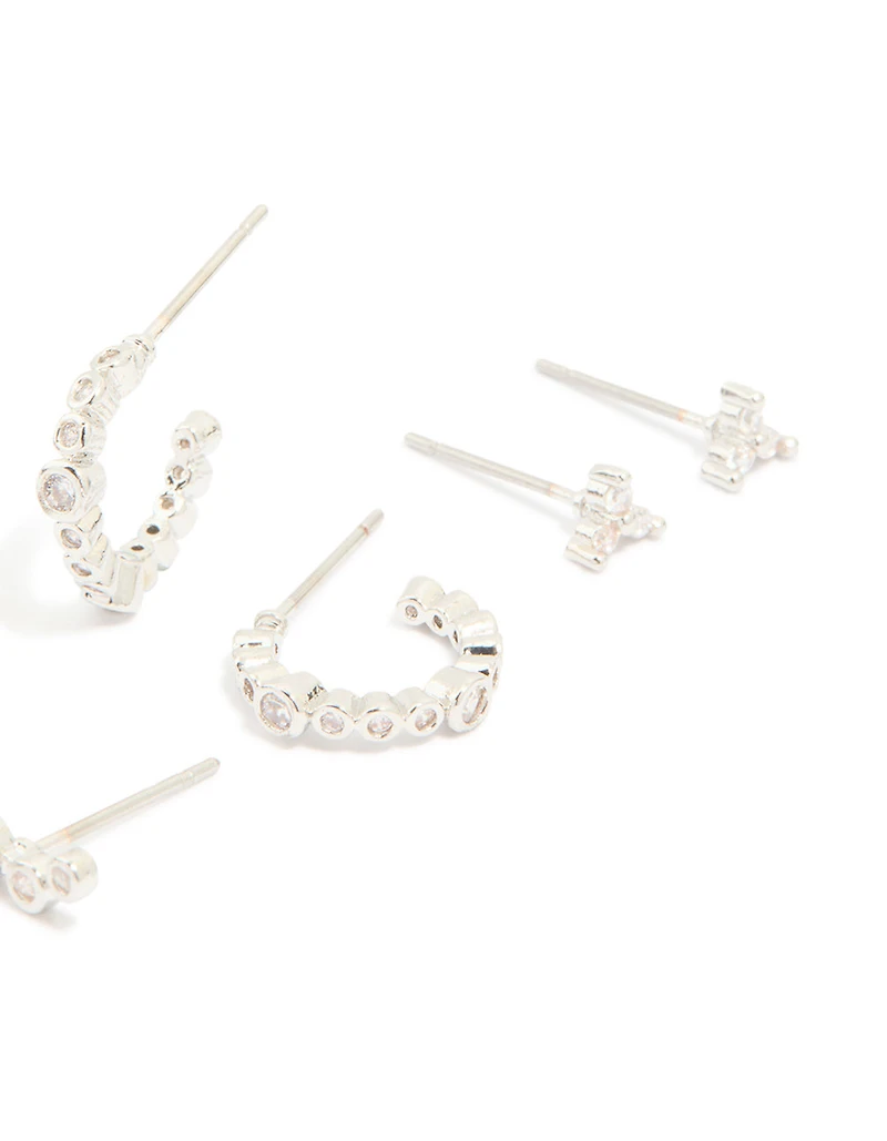 Waterproof Stainless Steel Diamante Stacking Earrings 4-Pack