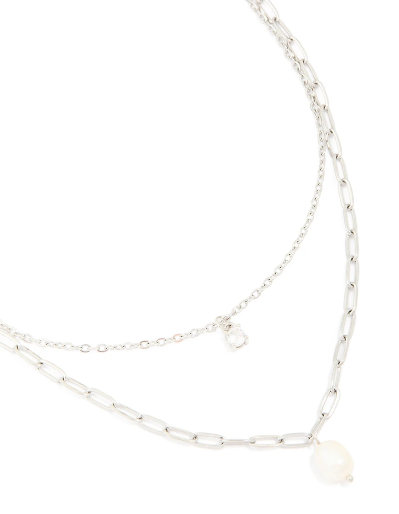 Waterproof Stainless Steel Diamante & Freshwater Pearl Chain Layered Necklace