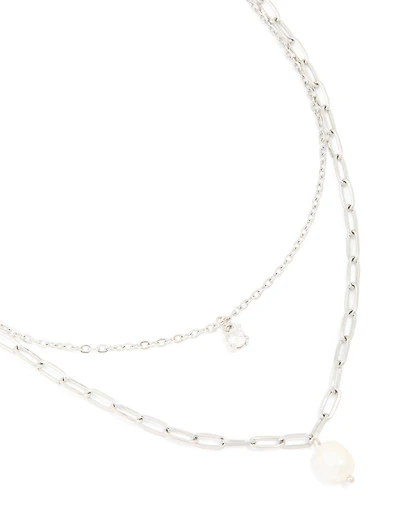 Waterproof Stainless Steel Diamante & Freshwater Pearl Chain Layered Necklace