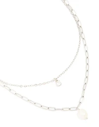 Waterproof Stainless Steel Diamante & Freshwater Pearl Chain Layered Necklace