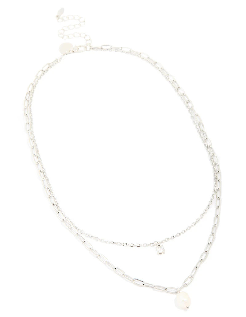 Waterproof Stainless Steel Diamante & Freshwater Pearl Chain Layered Necklace