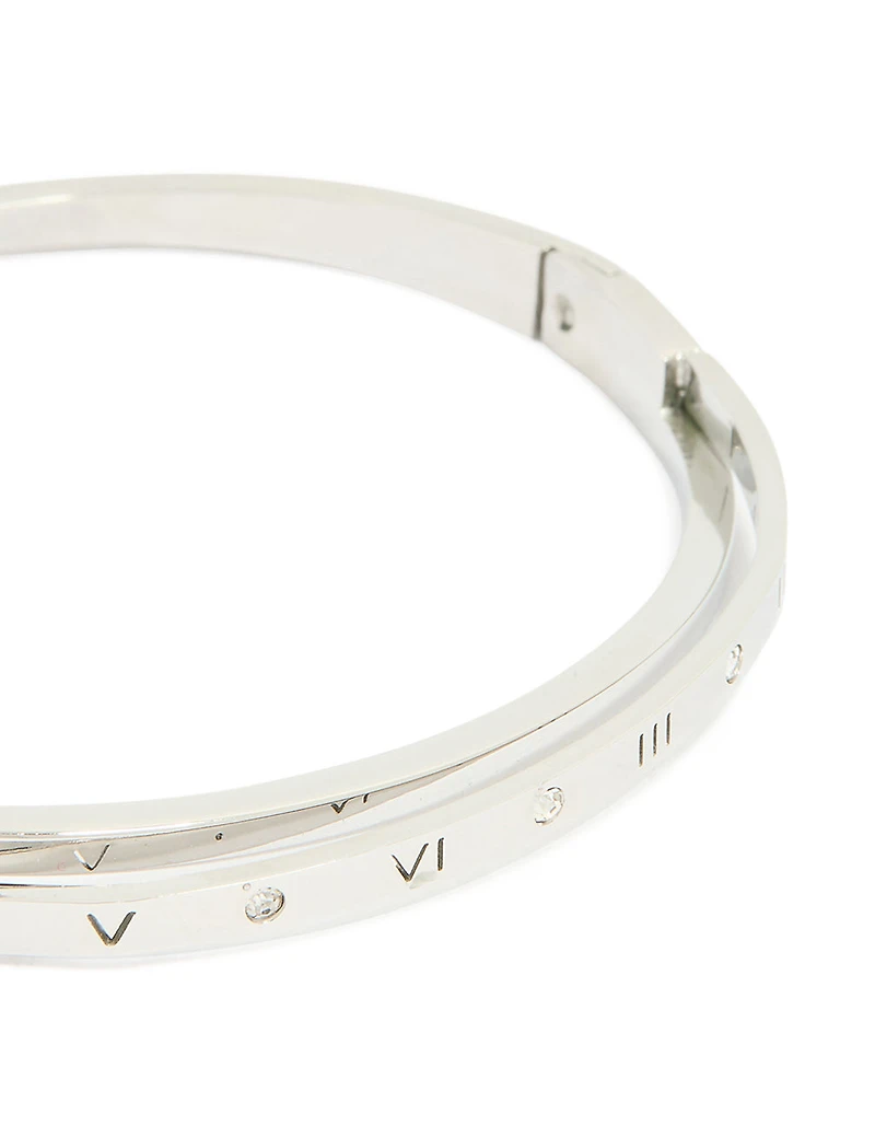 Waterproof Stainless Steel Diamante Roman Numeral Hinge Bangle
