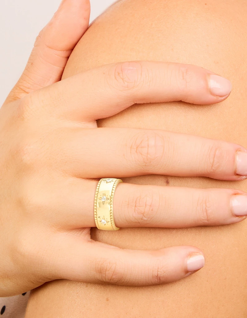 Waterproof Gold Plated Stainless Steel Cubic Zirconia Star Thick Band Ring