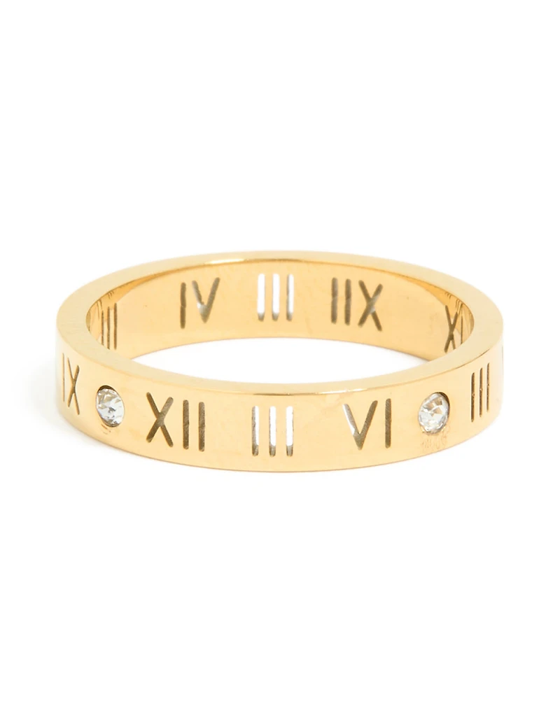 Waterproof Gold Plated Stainless Steel Cubic Zirconia Roman Numeral Band Ring
