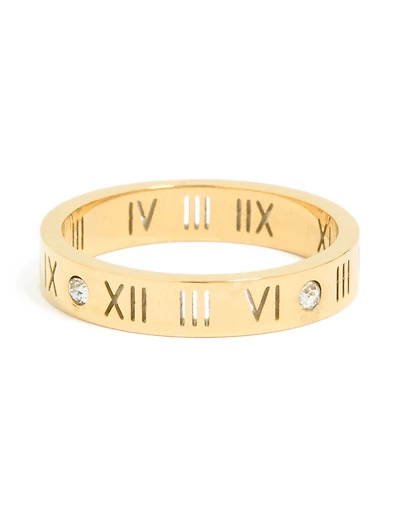 Waterproof Gold Plated Stainless Steel Cubic Zirconia Roman Numeral Band Ring