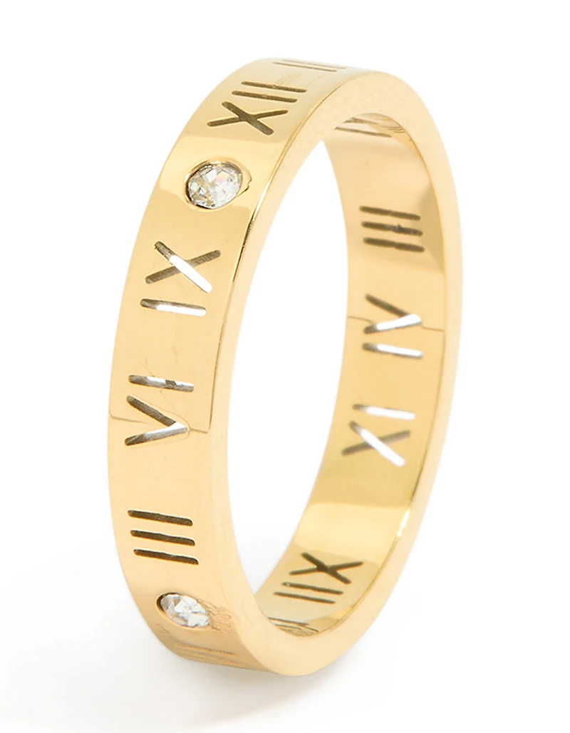 Waterproof Gold Plated Stainless Steel Cubic Zirconia Roman Numeral Band Ring