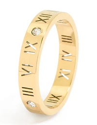Waterproof Gold Plated Stainless Steel Cubic Zirconia Roman Numeral Band Ring