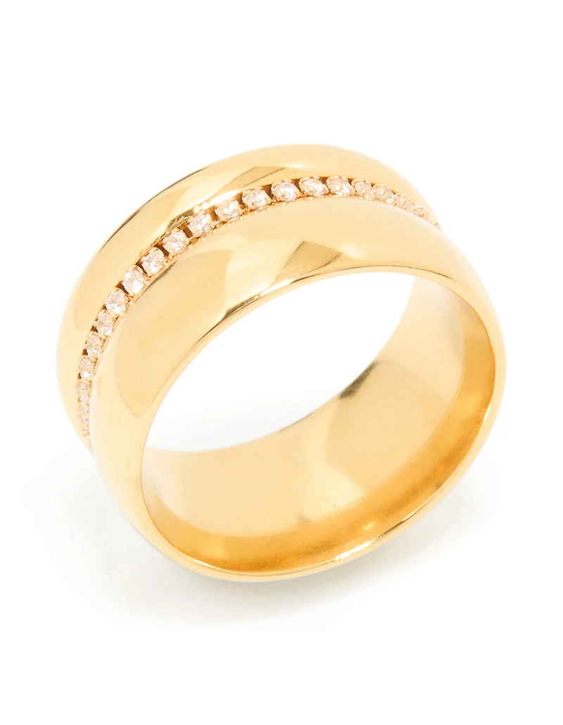Waterproof Gold Plated Stainless Steel Cubic Zirconia Thick Band Pave Ring
