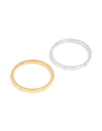 Waterproof Mixed Metals Plated Stainless Steel Skinny Cubic Zirconia Dot Rings 2-Pack