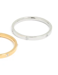 Waterproof Mixed Metals Plated Stainless Steel Skinny Cubic Zirconia Dot Rings 2-Pack