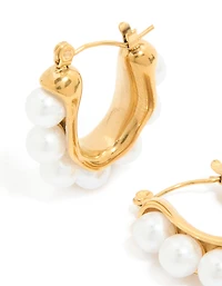 Waterproof Gold Plated Stainless Steel Pearl Puffy Hoop Earrings