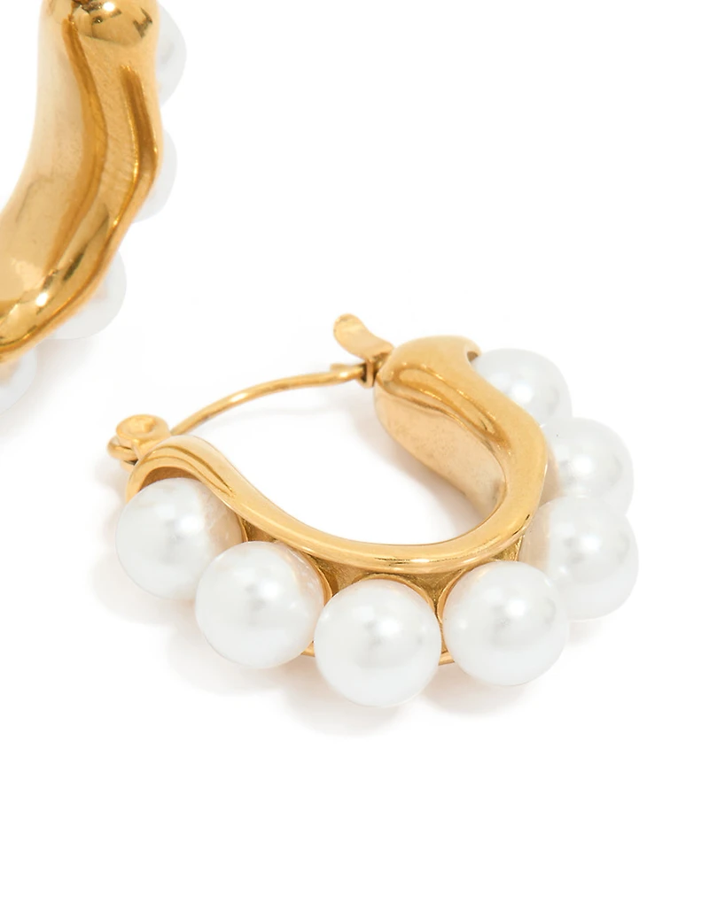 Waterproof Gold Plated Stainless Steel Pearl Puffy Hoop Earrings