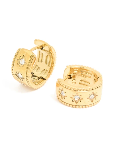 Waterproof Gold Plated Stainless Steel Cubic Zirconia Celestial Etched Hoop Earrings