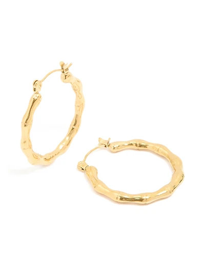 Waterproof Gold Plated Stainless Steel Thin Bamboo 30mm Hoop Earrings