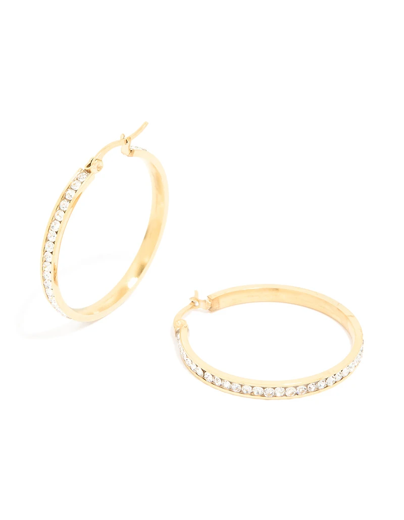 Waterproof Gold Plated Stainless Steel Diamante Hoop Earrings 35 MM