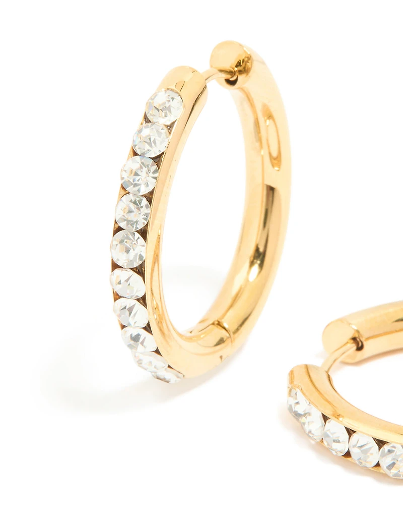 Waterproof Gold Plated Stainless Steel Diamante Hinged Half Hoop Earrings