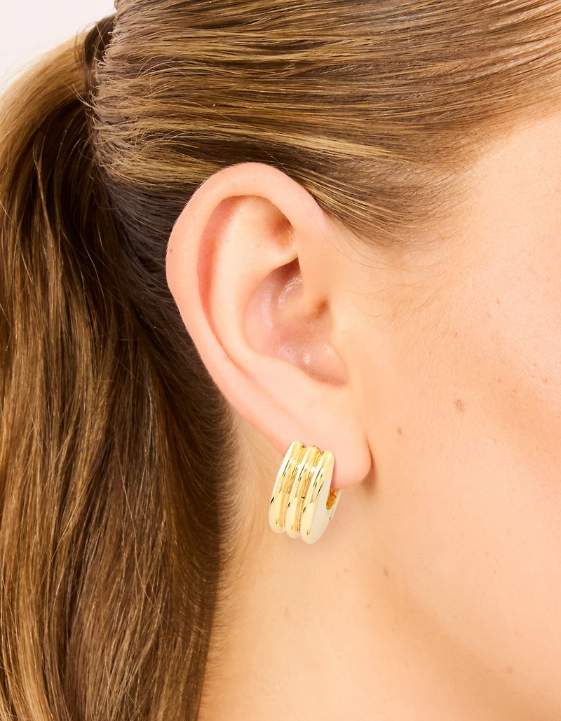 Waterproof Gold Plated Stainless Steel Ribbed Circle Hinged Earrings