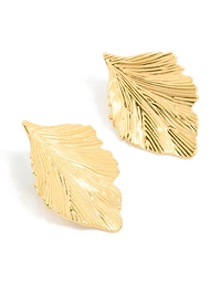 Waterproof Gold Plated Stainless Steel Textured Leaf Earrings