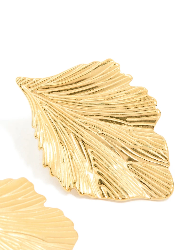 Waterproof Gold Plated Stainless Steel Textured Leaf Earrings