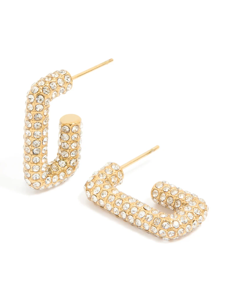 Waterproof Gold Plated Stainless Steel Diamante Pavé Rectangle Hoop Earrings