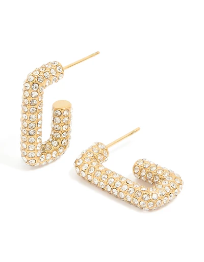 Waterproof Gold Plated Stainless Steel Diamante Pavé Rectangle Hoop Earrings