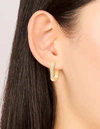 Waterproof Gold Plated Stainless Steel Diamante Half Oval Hoop Earrings
