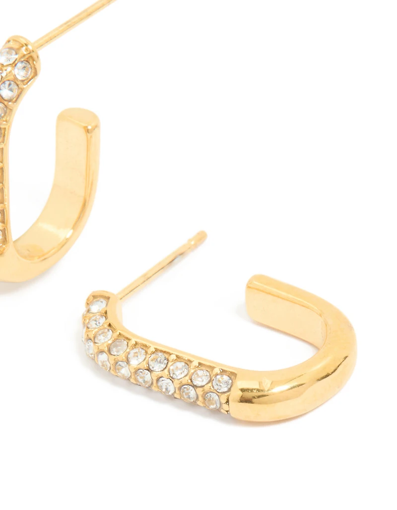Waterproof Gold Plated Stainless Steel Diamante Half Oval Hoop Earrings