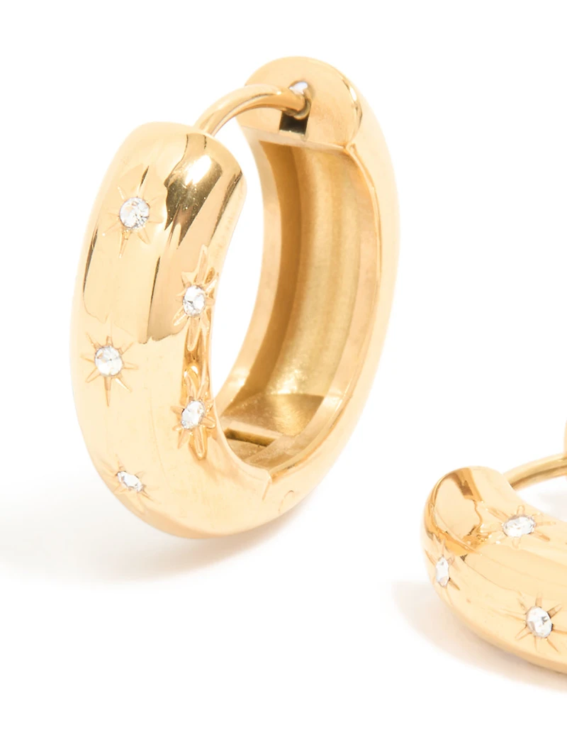 Waterproof Gold Plated Stainless Steel Diamante Star Huggie Earrings