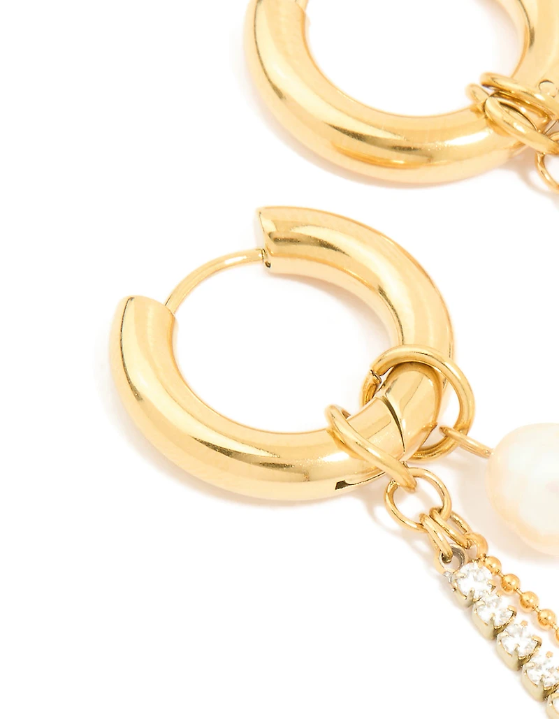 Waterproof Gold Plated Stainless Steel Freshwater Pearl & Diamante Cup Chain Huggie Earrings