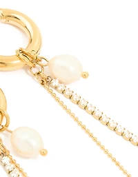 Waterproof Gold Plated Stainless Steel Freshwater Pearl & Diamante Cup Chain Huggie Earrings