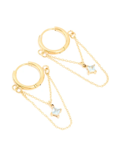 Waterproof Gold Plated Stainless Steel Cubic Zirconia Chain Droplet Huggie Earrings