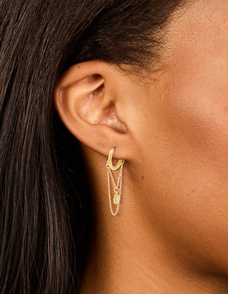 Waterproof Gold Plated Stainless Steel Cubic Zirconia Chain Droplet Huggie Earrings
