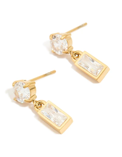 Waterproof Gold Plated Stainless Steel Cubic Zirconia Round & Baguette Drop Earrings