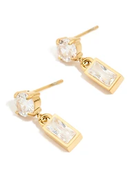 Waterproof Gold Plated Stainless Steel Cubic Zirconia Round & Baguette Drop Earrings