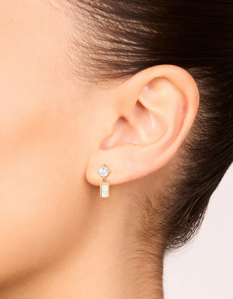 Boucles d’oreilles rondes rondes et baguettes en zircone cubique en acier inoxydable plaquées or imperméables